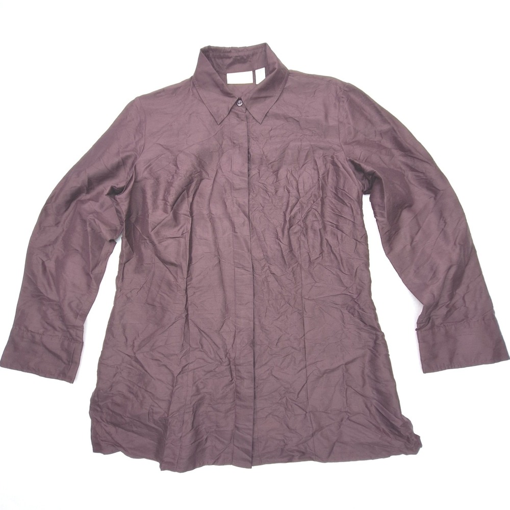 Chicos Button Up Shirt Womens Size Small Purple 100% Silk Crinkle Blouse